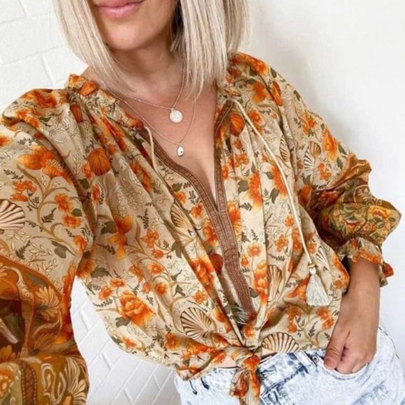 New Bohemian Floral Long Sleeve Blouse Top - Picture 2 of 5